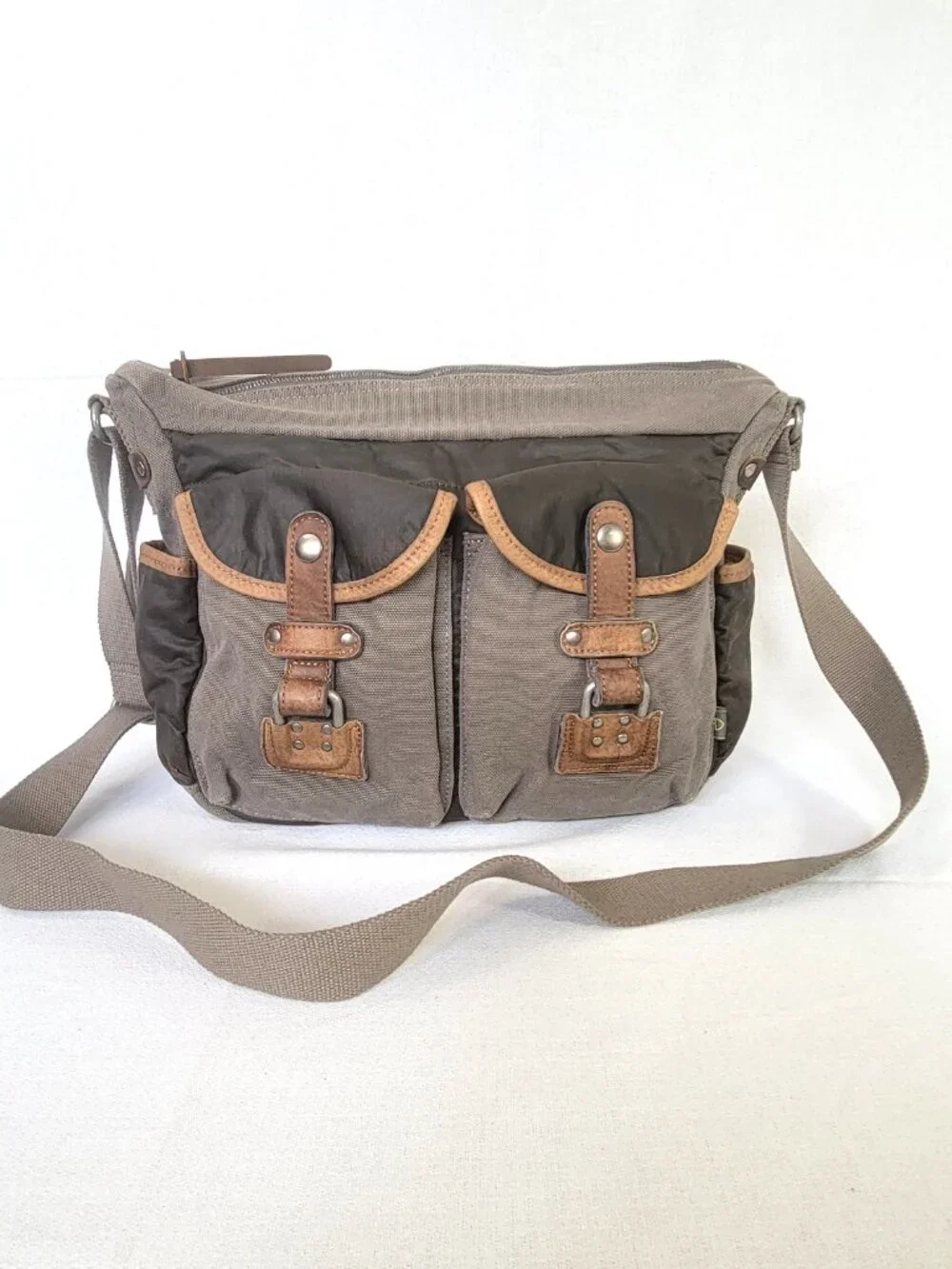 TSD Brand Earth & Style Canvas Leather Messenger Crossbody Bag Green Brown